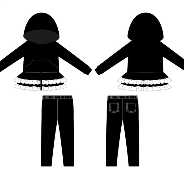 ( Moq 5 ) Preorder Baby Girls Black Hoodie Zipper Ruffles Tops Pockets Pants Clothes Set