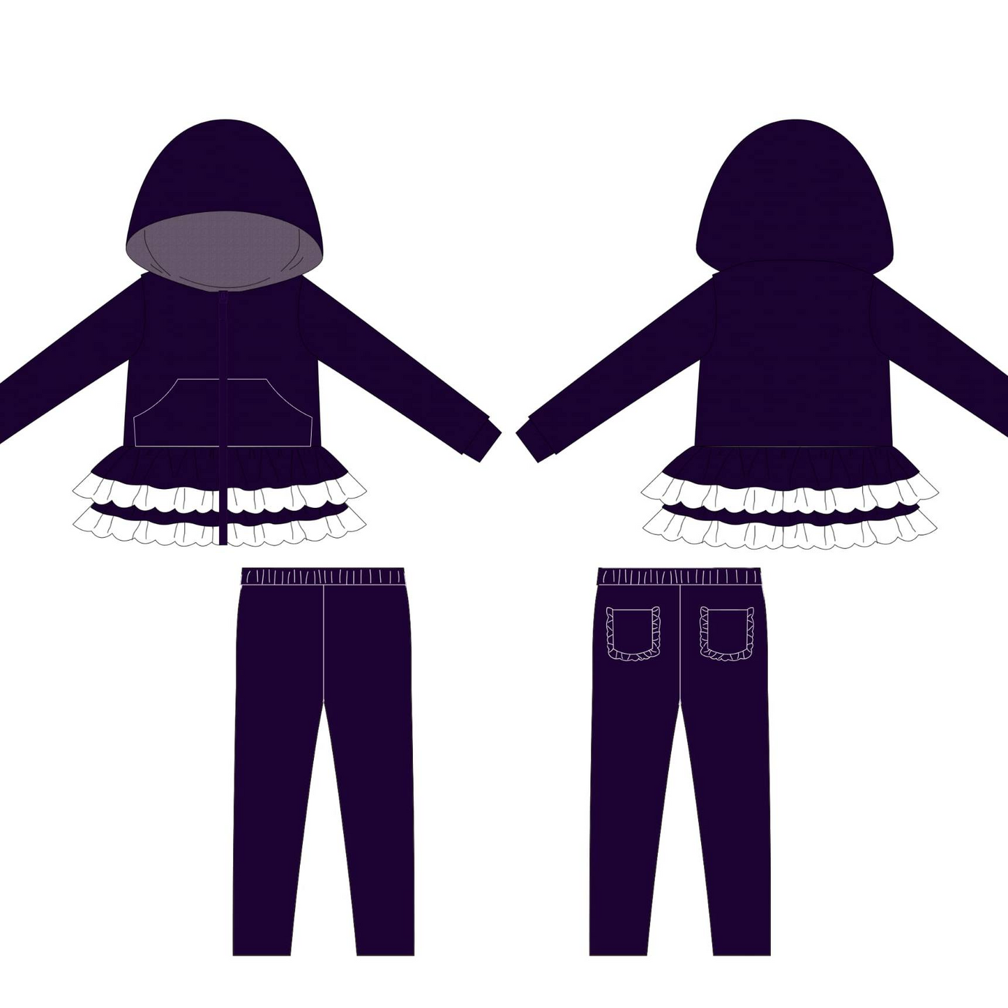 ( Moq 5 ) Preorder Baby Girls Purple Hoodie Zipper Ruffles Tops Pockets Pants Clothes Set
