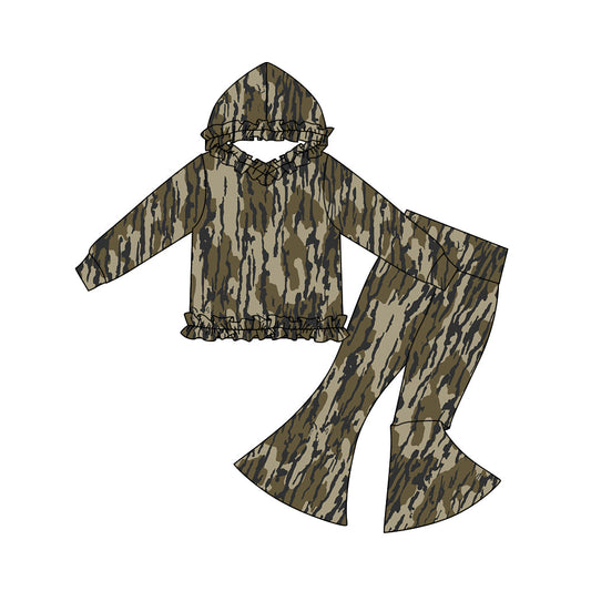 ( Moq 5 ) Preorder Baby Girls Long Sleeves Ruffle Hoodie Pullover Bell Pants Camo Clothes Set