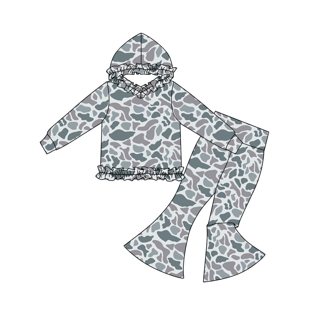 ( Moq 5 ) Preorder Baby Girls Long Sleeves Grey Camo Hoodie Pullover Bell Pants Clothes Set