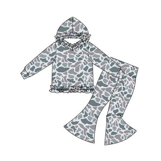 ( Moq 5 ) Preorder Baby Girls Long Sleeves Grey Camo Hoodie Pullover Bell Pants Clothes Set