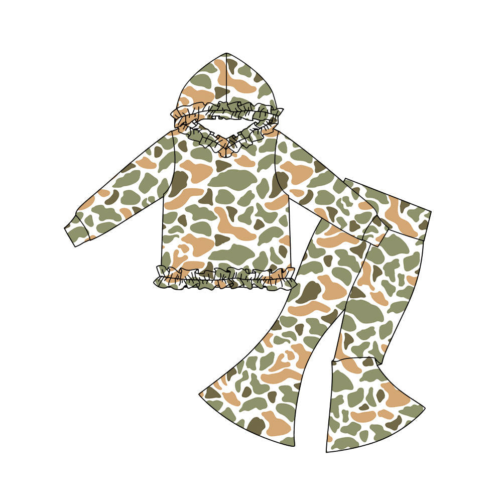 ( Moq 5 ) Preorder Baby Girls Green Orange Camo Hoodie Pullover Bell Pants Clothes Set