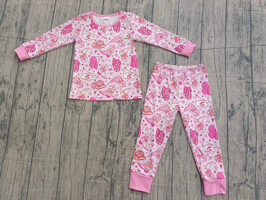 ( No moq ) Preorder Baby Girls Long Sleeves Hats Boots Hearts Shirt Pants Valentine Pink Pajamas Clothes Set