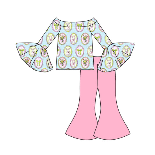 ( Moq 5 ) Preorder Baby Girls Long Sleeves Flower Rabbits Bows Tops Pink Pants Easter Set