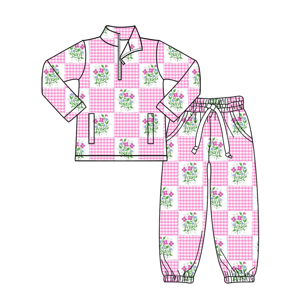 ( Moq 5 )Preorder Baby Girls Flower Plaid Zipper Pullover Pockets Pants Clothes Set