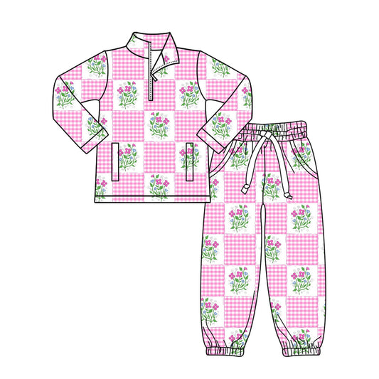 ( Moq 5 )Preorder Baby Girls Flower Plaid Zipper Pullover Pockets Pants Clothes Set