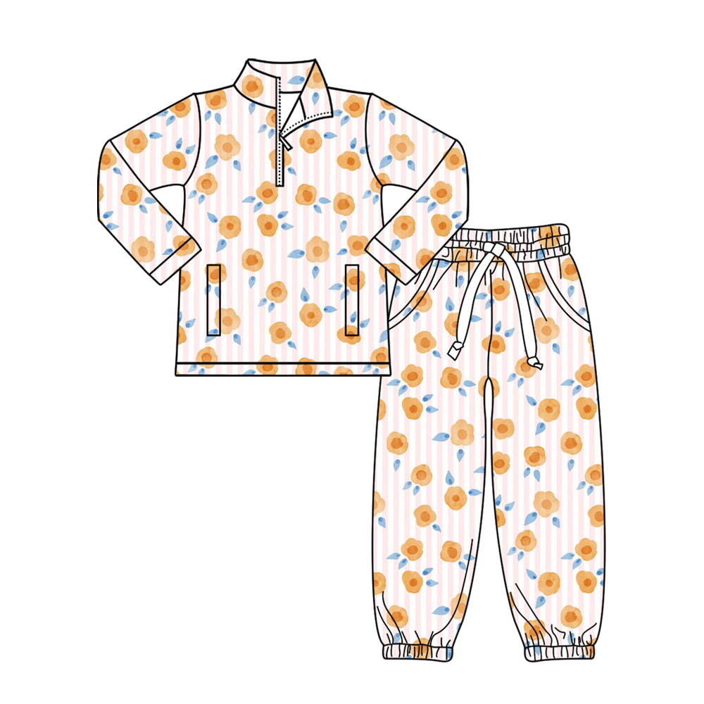 ( Moq 5 )Preorder Baby Girls Long Sleeves Flower Stripes Zipper Pullover Pockets Pants Pink Outfit