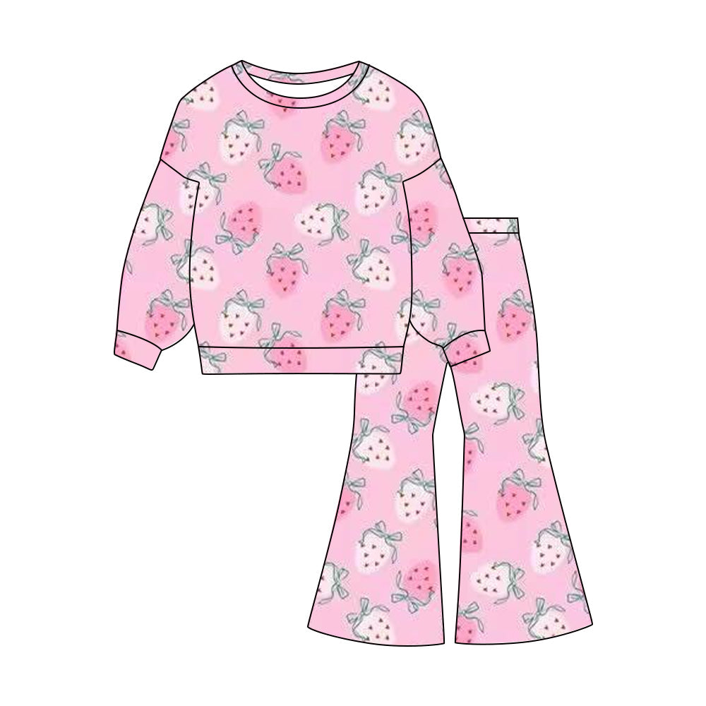 ( Moq 5 ) Preorder Baby Girls Long Sleeves Strawberry Bows Shirt Bell Pants Pink Clothes Outfit