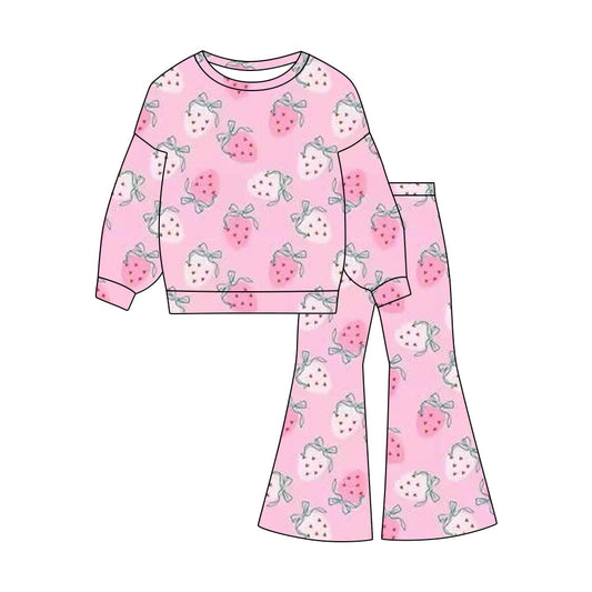 ( Moq 5 ) Preorder Baby Girls Long Sleeves Strawberry Bows Shirt Bell Pants Pink Clothes Outfit