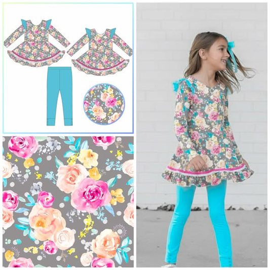 ( Moq 5 ) Preorder Baby Girls Long Sleeves Flower Tunic Blue Leggings Clothes Set