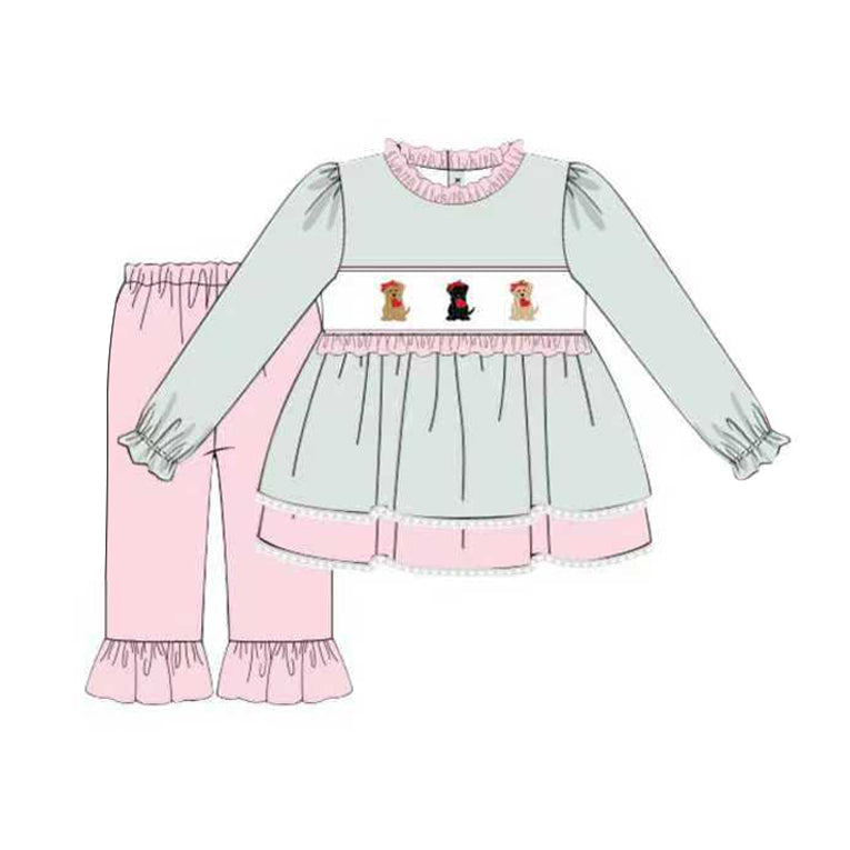 ( Moq 5 ) Preorder Baby Girls Long Sleeves Dogs Hearts Ruffle Tunic Pants Valentine Outfit