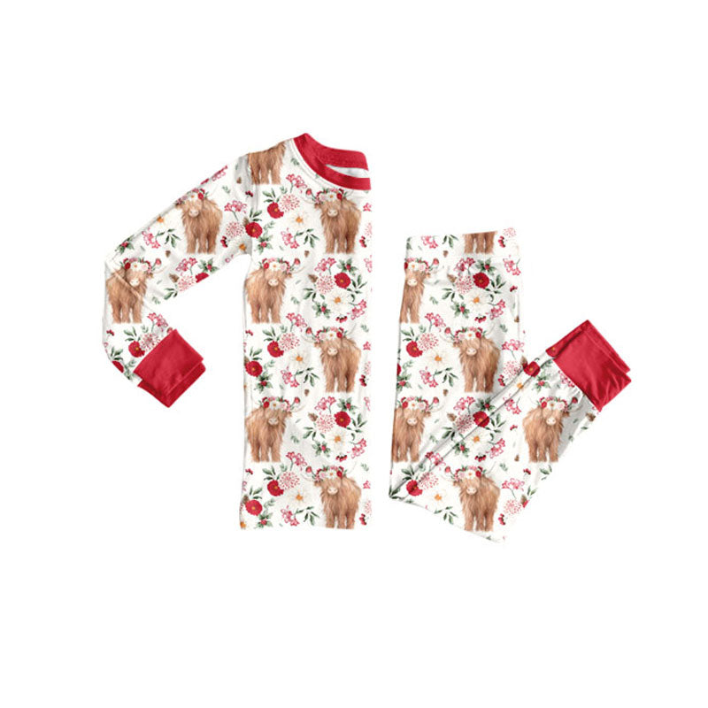 ( Moq 5 ) Preorder Baby Girls Long Sleeves Cow Flower Shirt Pants Western Pajamas Set