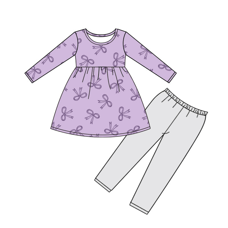 ( Moq 5 ) Preorder Baby Girls Purple Long Sleeves Bows Tunic Leggings Pants Clothes Set