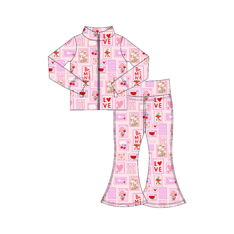 ( Moq 5 ) Preorder Baby Girls Flower Hearts Bows Zipper Pockets Tops Pants Valentine Yoga Outfit