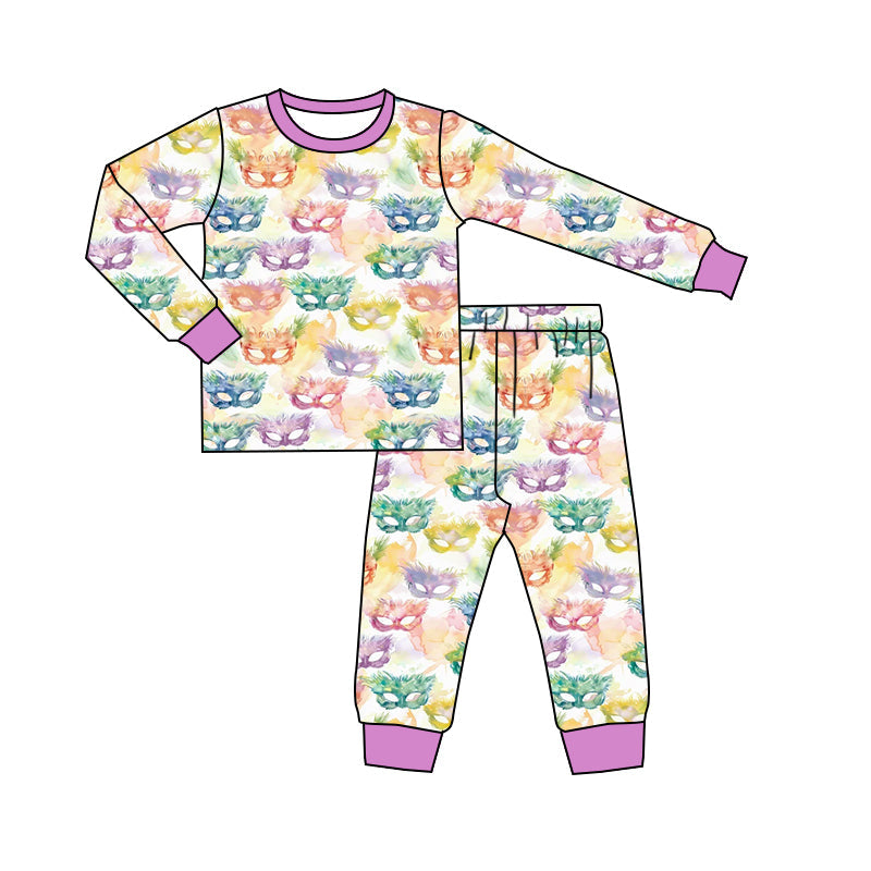 ( Moq 5 ) Preorder Baby Girls Long Sleeves Masks Shirt Pants Mardi Gras Pajamas Set