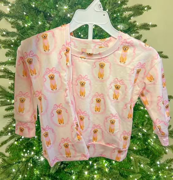 ( Moq 5 ) Preorder Baby Girls Long Sleeves Bows Dogs Shirt Pants Pajamas Clothes Set