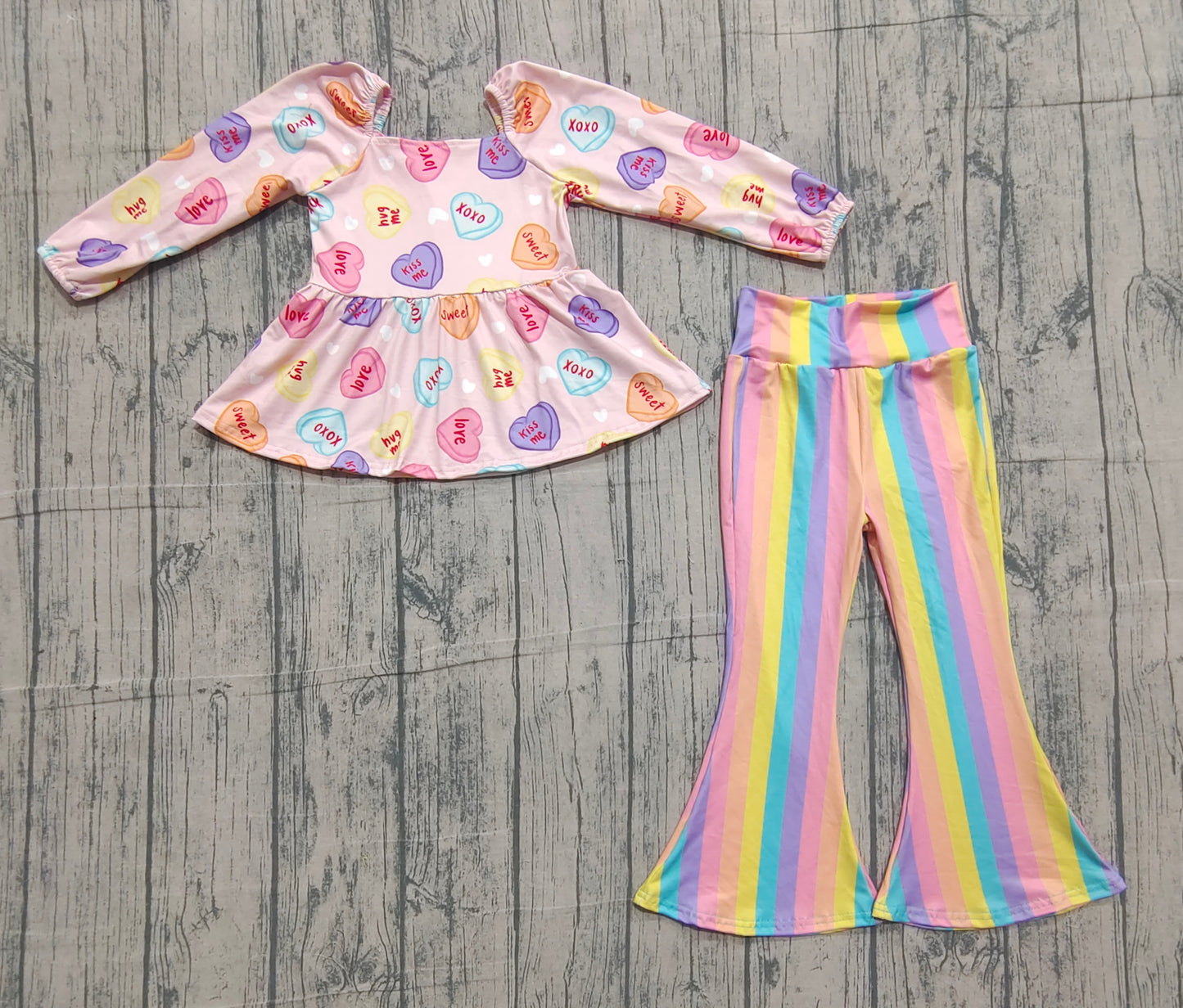 Baby Girls Long Sleeves Hearts Tops Stripes Bell Pants Valentine Clothes Set RTS
