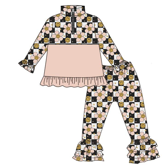 ( Moq 5 ) Preorder Baby Girls Long Sleeves Smile Flower Zipper Pullover Ruffle Pants Clothes Set