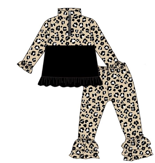 ( Moq 5 ) Preorder Baby Girls Long Sleeves Leopard Zipper Pullover Ruffle Pants Clothes Set