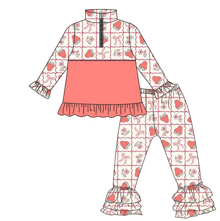 ( Moq 5 ) Preorder Baby Girls Long Sleeves Strawberry Flower Bows Zipper Pullover Ruffle Pants Clothes Set