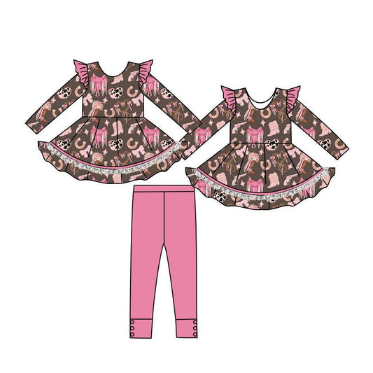 ( Moq 5 ) Preorder Baby Girls Bows Boots Hearts Tunic Pink Leggings Western Clothes Set