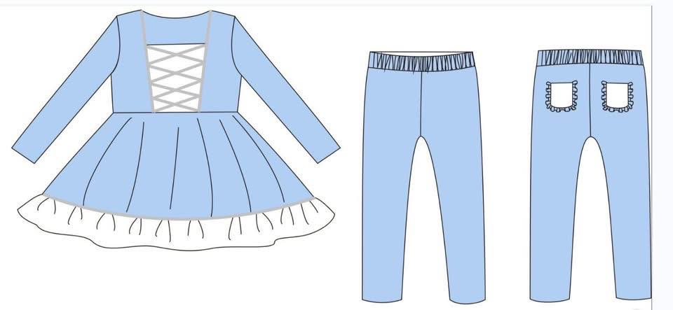( Moq 5 ) Preorder Baby Girls Blue Long Sleeves Ruffle Tunic Leggings Pockets Princess Set