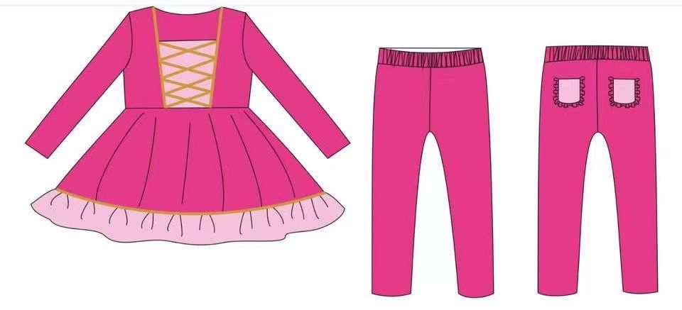 ( Moq 5 ) Preorder Baby Girls Pink Long Sleeves Ruffle Tunic Leggings Pockets Princess Set