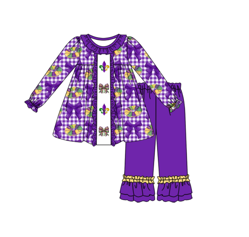 ( Moq 5 ) Preorder Baby Girls Donuts Anchors Bows Checked Tunic Ruffle Pants Mardi Gras Set