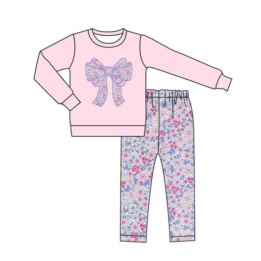 ( Moq 5 ) Preorder Baby Girls Pink Long Sleeves Bow Shirt Floral Leggings Clothes Set