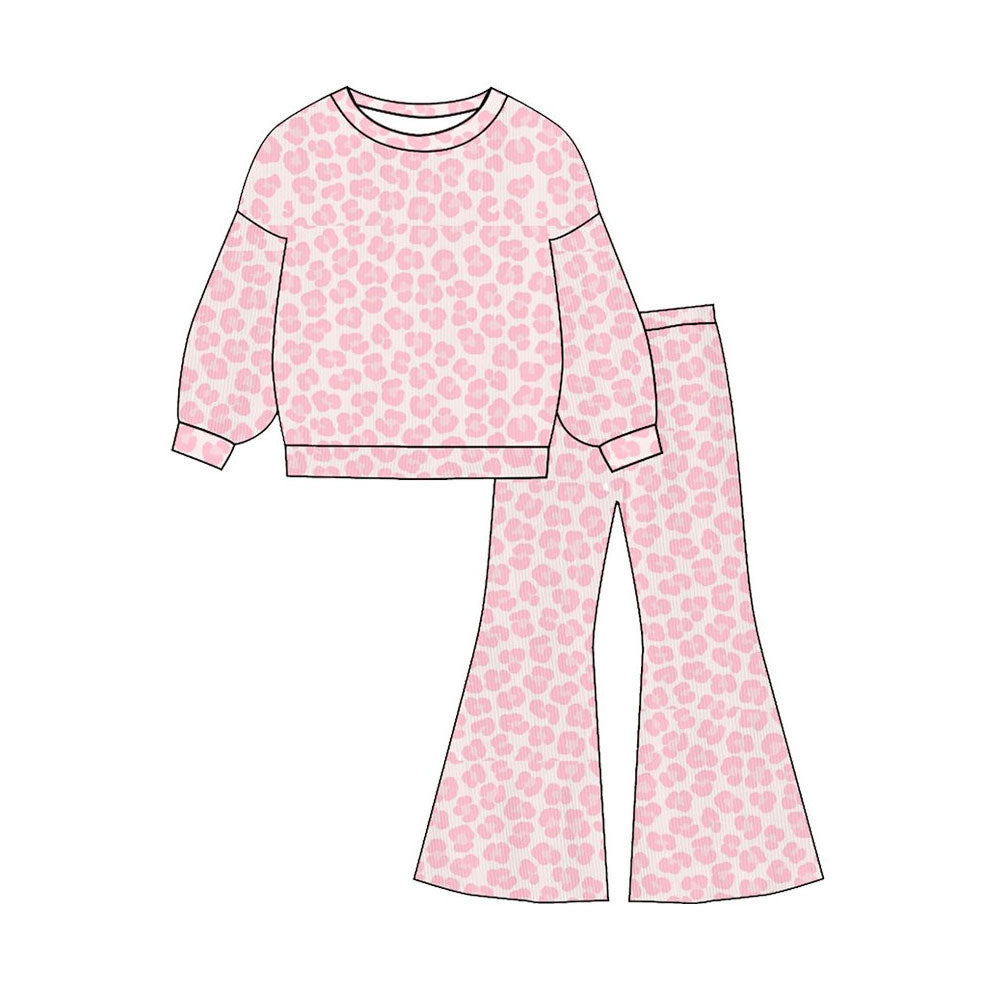 ( Moq 5 ) Preorder Baby Girls Long Sleeves Leopard Pink Tops Bell Pants Clothes Outfit
