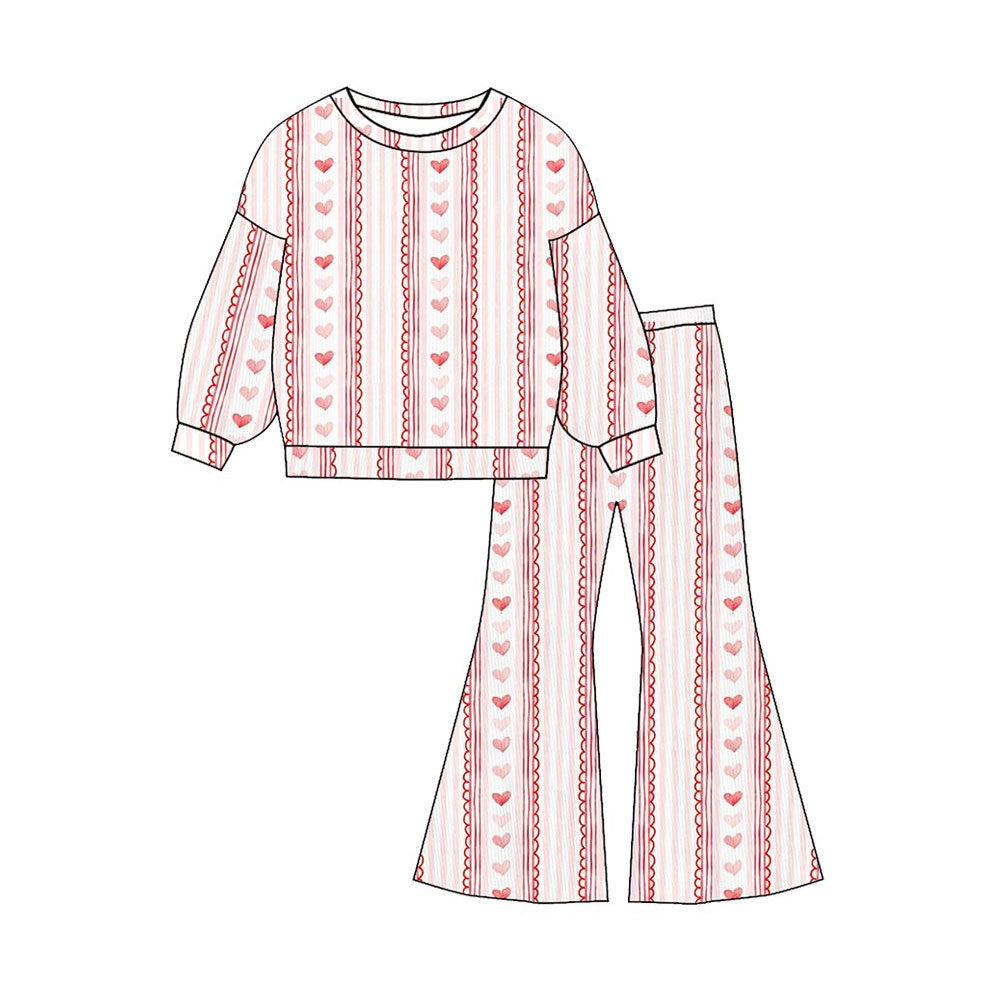 ( Moq 5 ) Preorder Baby Girls Long Sleeves Hearts Stripes Tops Bell Pants Valentines Clothes Outfit