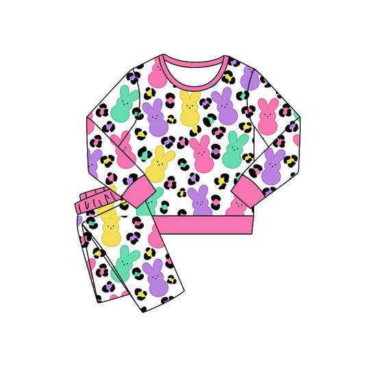 ( Moq 5 ) Preorder Baby Girls Long Sleeves Rabbits Leopard Shirt Pants Easter Pajamas Set