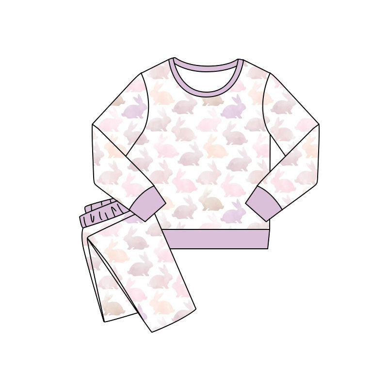 ( Moq 5 ) Preorder Baby Girls Long Sleeves Rabbits Shirt Pants Easter Purple Pajamas Set