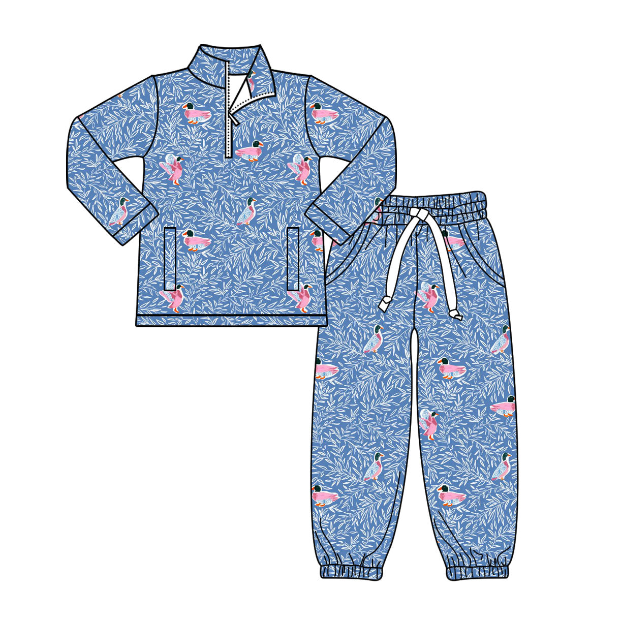 ( Moq 5 ) Preorder Baby Girls Long Sleeves Zipper Pockets Pullover Ducks Pants Clothes Set