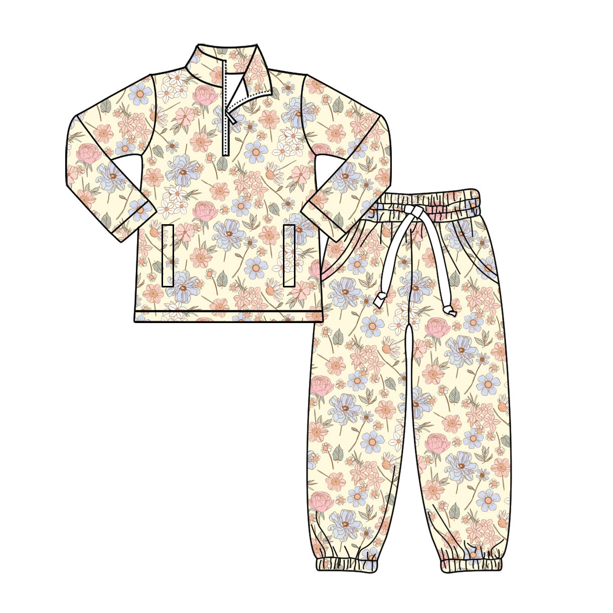 ( Moq 5 ) Preorder Baby Girls Flower Zipper Pockets Pullover Pants Clothes Set
