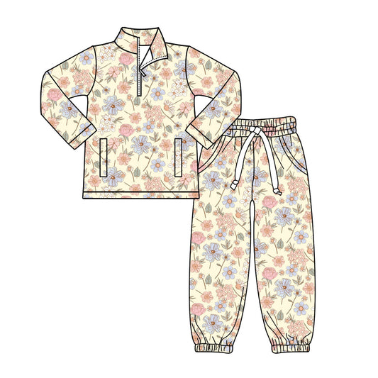 ( Moq 5 ) Preorder Baby Girls Flower Zipper Pockets Pullover Pants Clothes Set