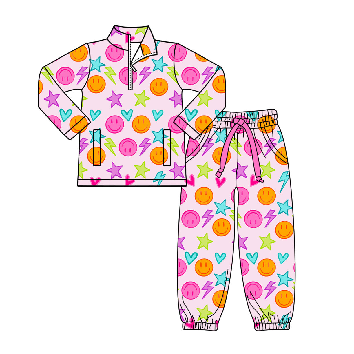( Moq 5 ) Preorder Baby Girls Long Sleeves Smile Zipper Pockets Pullover Pants Clothes Set
