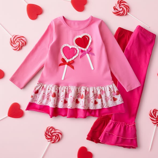 ( Moq 5 ) Preorder Baby Girls Long Sleeves Bows Hearts Tunic Pants Valentines Pink Clothes Set