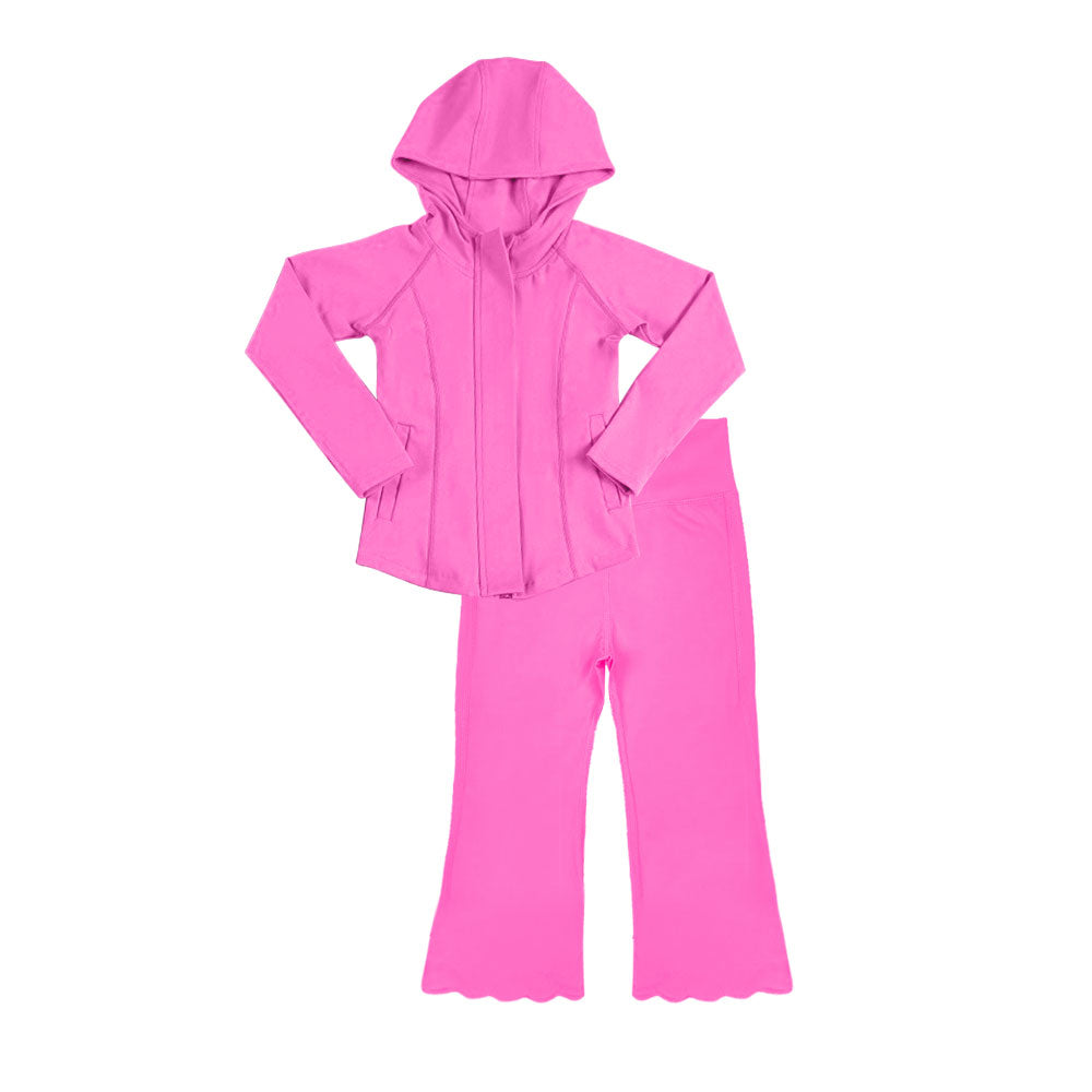 ( Moq 5 ) Preorder Baby Girls Long Sleeves Pockets Zipper Hoodie Jacket Pants Yoga Pink Clothes Set