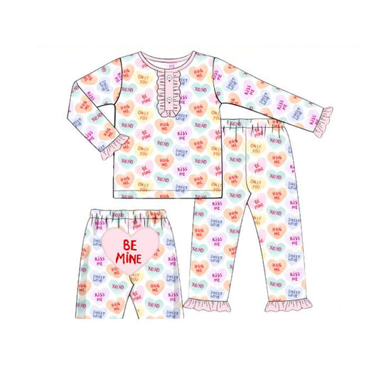 ( Moq 5 ) Preorder Baby Girls Kids Hearts Buttons Ruffle Shirt Pants Valentines Pajamas Set