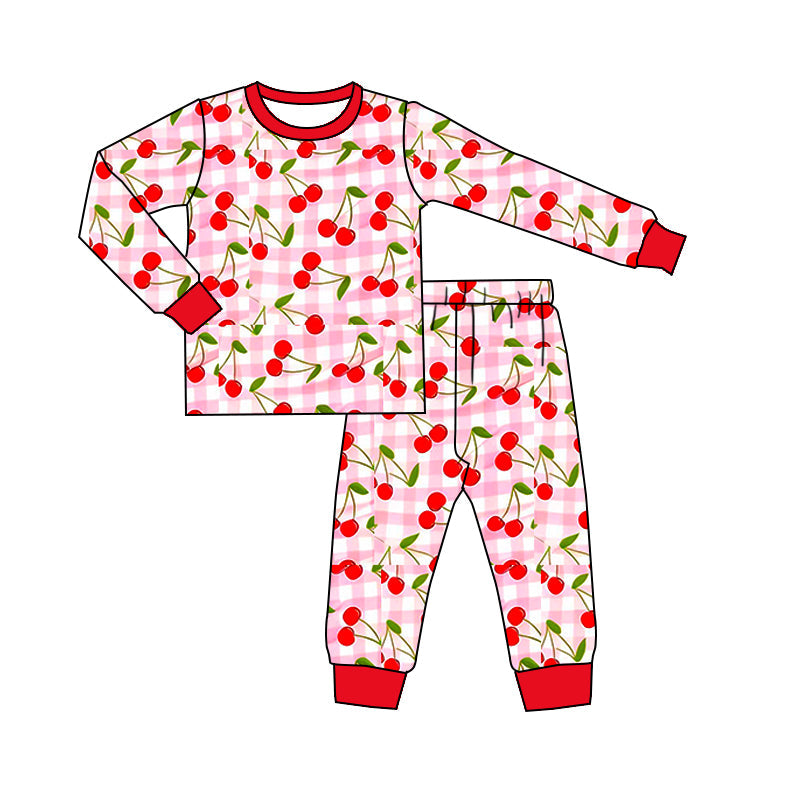 ( Moq 5 ) Preorder Baby Girls Long Sleeves Cherry Plaid Shirt Pants Pajamas Clothes Set