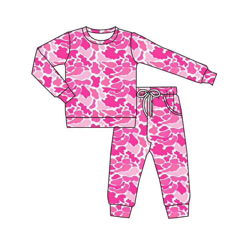 ( Moq 5 ) Preorder Baby Girls Long Sleeves Pink Camo Shirt Pockets Pants Pajamas Set