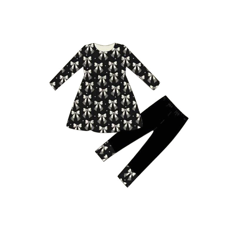 ( Moq 5 ) Preorder Baby Girls Long Sleeves Bows Tunic Black Leggings Clothes Set