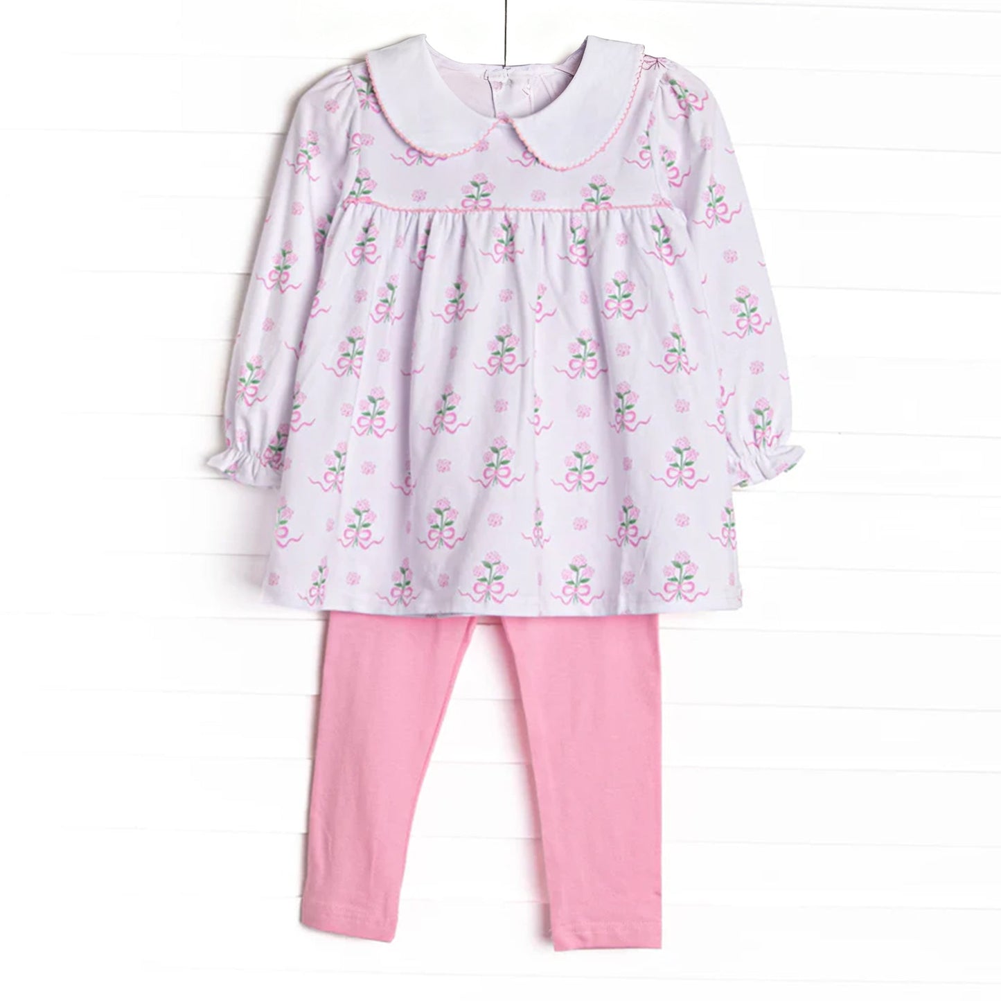 ( Moq 5 ) Preorder Baby Girls Long Sleeves Flower Bows Tunic Pink Leggings Clothes Set