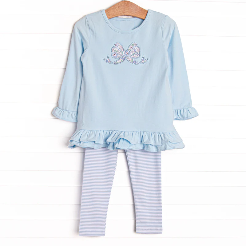 ( Moq 5 ) Preorder Baby Girls Blue Long Sleeves Floral Bow Tunic Stripes Leggings Clothes Set