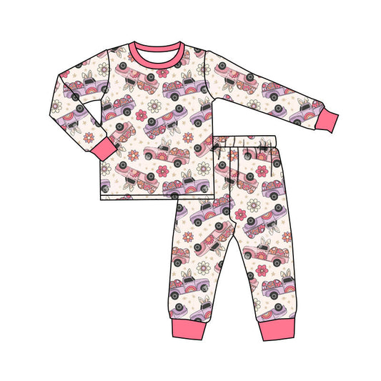 ( Moq 5 ) Preorder Baby Girls Long Sleeves Trucks Eggs Flower Shirt Pants Easter Pajamas Set