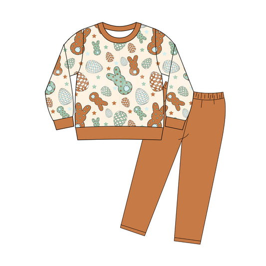 ( Moq 5 ) Preorder Baby Kids Toddler Rabbits Eggs Shirt Orange Pants Easter Clothes Set