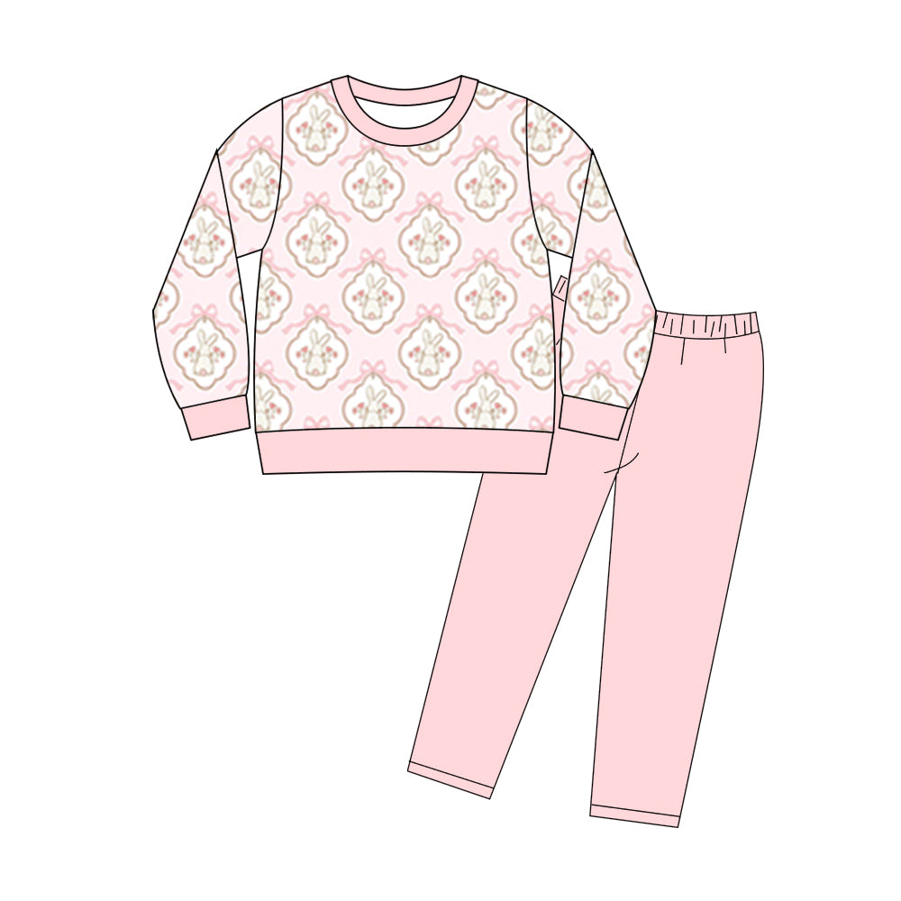 ( Moq 5 ) Preorder Baby Kids Toddler Rabbits Floral Bows Shirt Pink Pants Easter Clothes Set