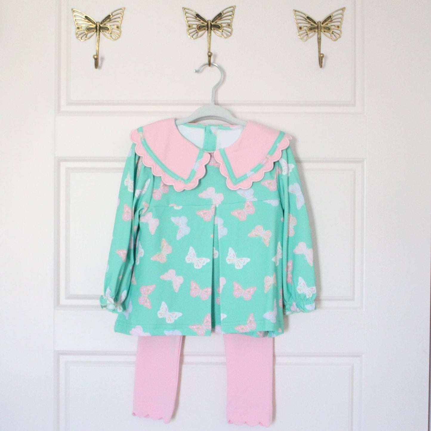( Moq 5 ) Preorder Baby Girls Long Sleeves Butterfly Tunic Pink Legging Pants Clothes Set