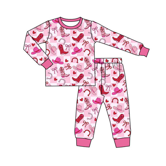 ( Moq 5 ) Preorder Baby Girls Boots Hearts Checked Shirt Pants Valentine Pink Pajamas Set